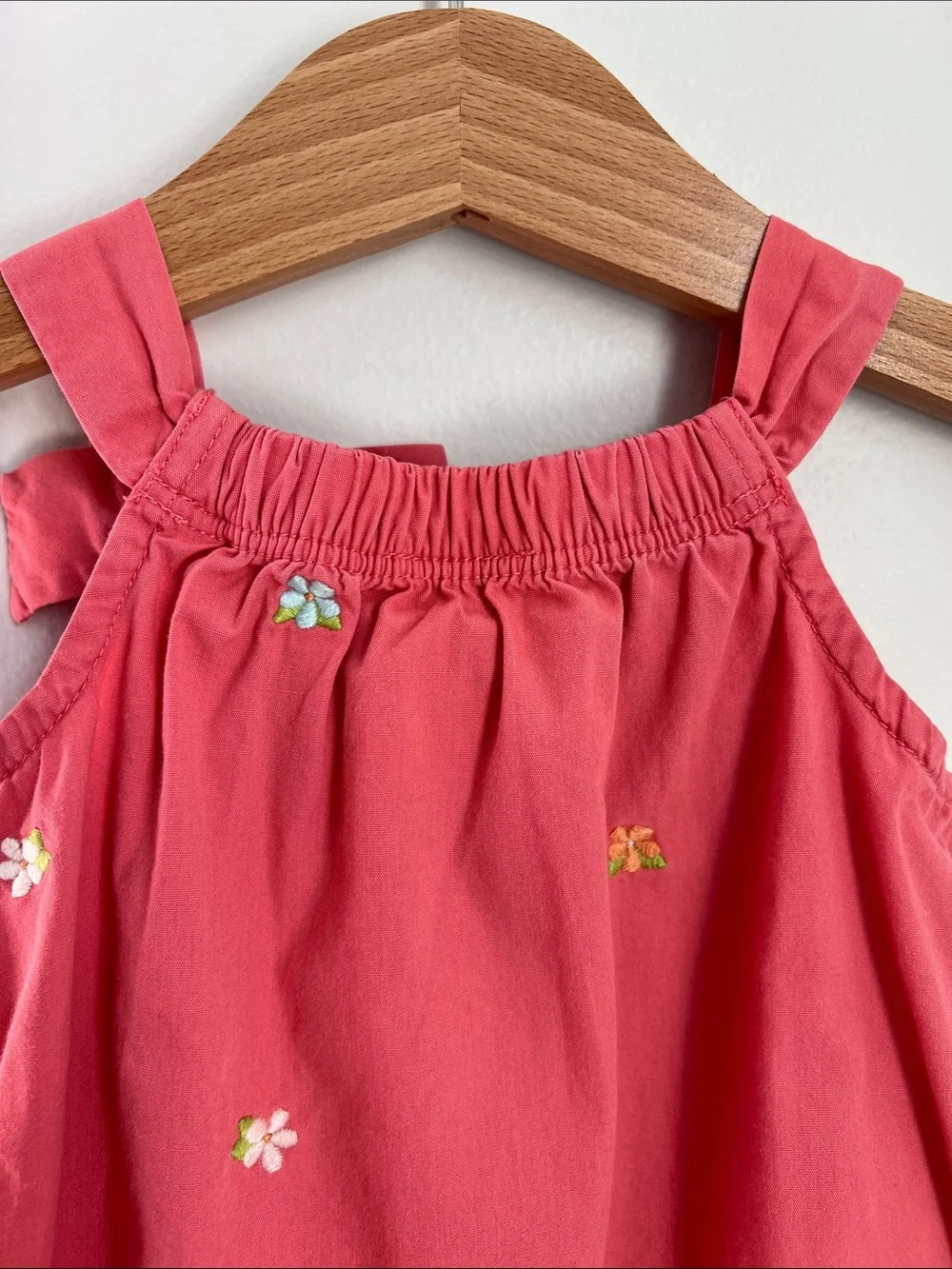 Gymboree | 100% Cotton Coral Baby Bubble Romper Bow Floral Embroidery Size 0-3M